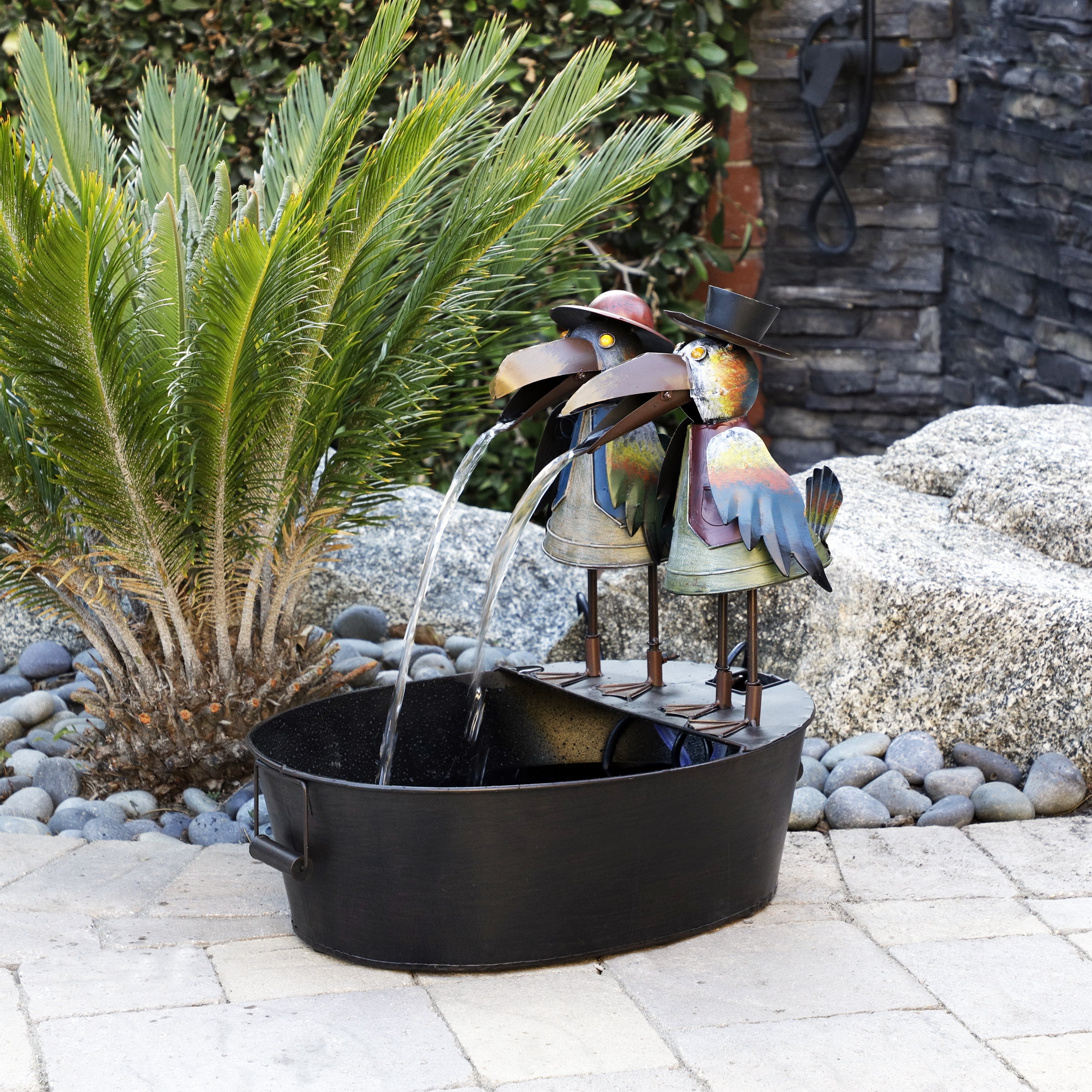 Rustic Metal Crow Duo Outdoor Water Fountain, 20" Brown