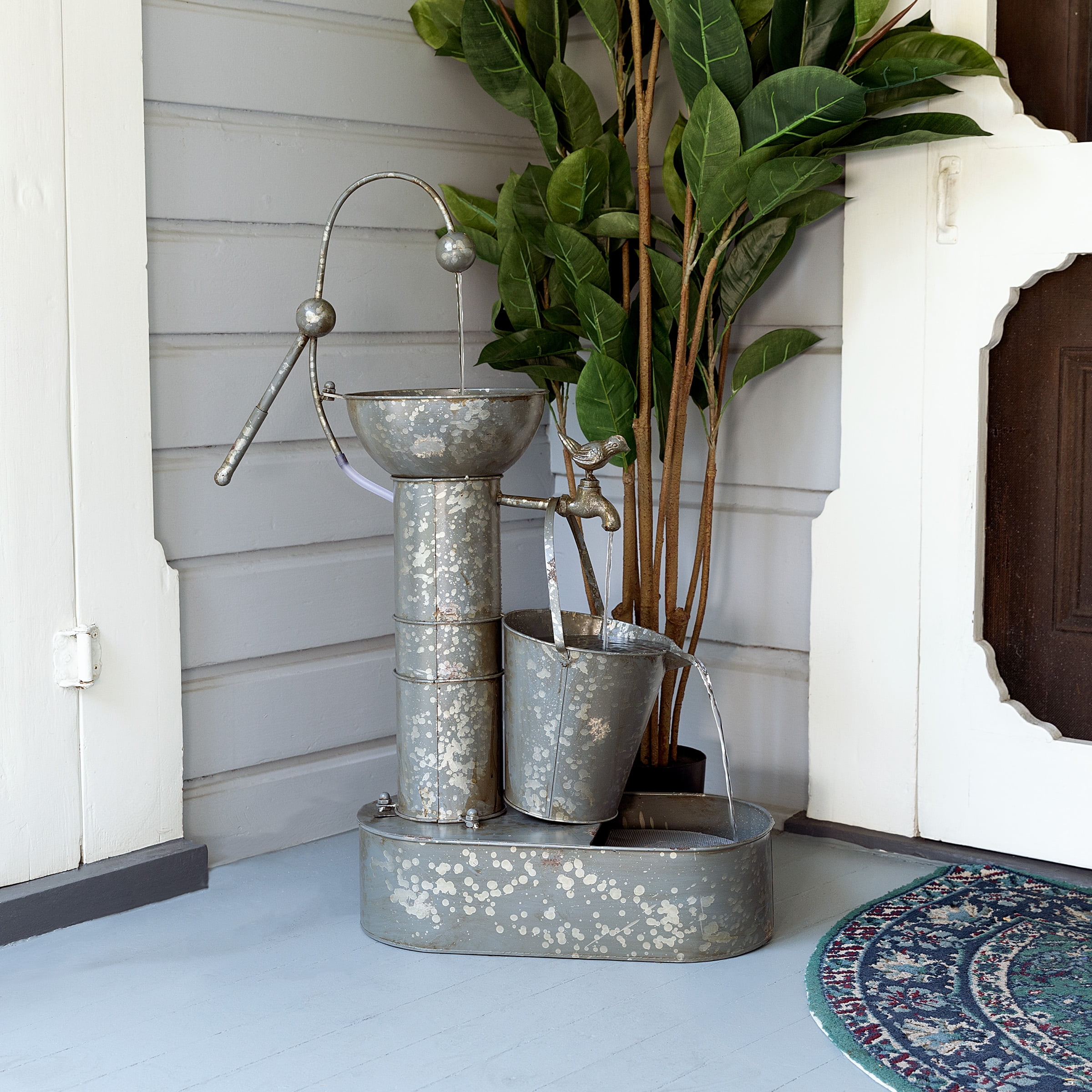 Alpine Corporation Outdoor Rustic Metal Tiering Tin Water Fountain, 34 inch Tall