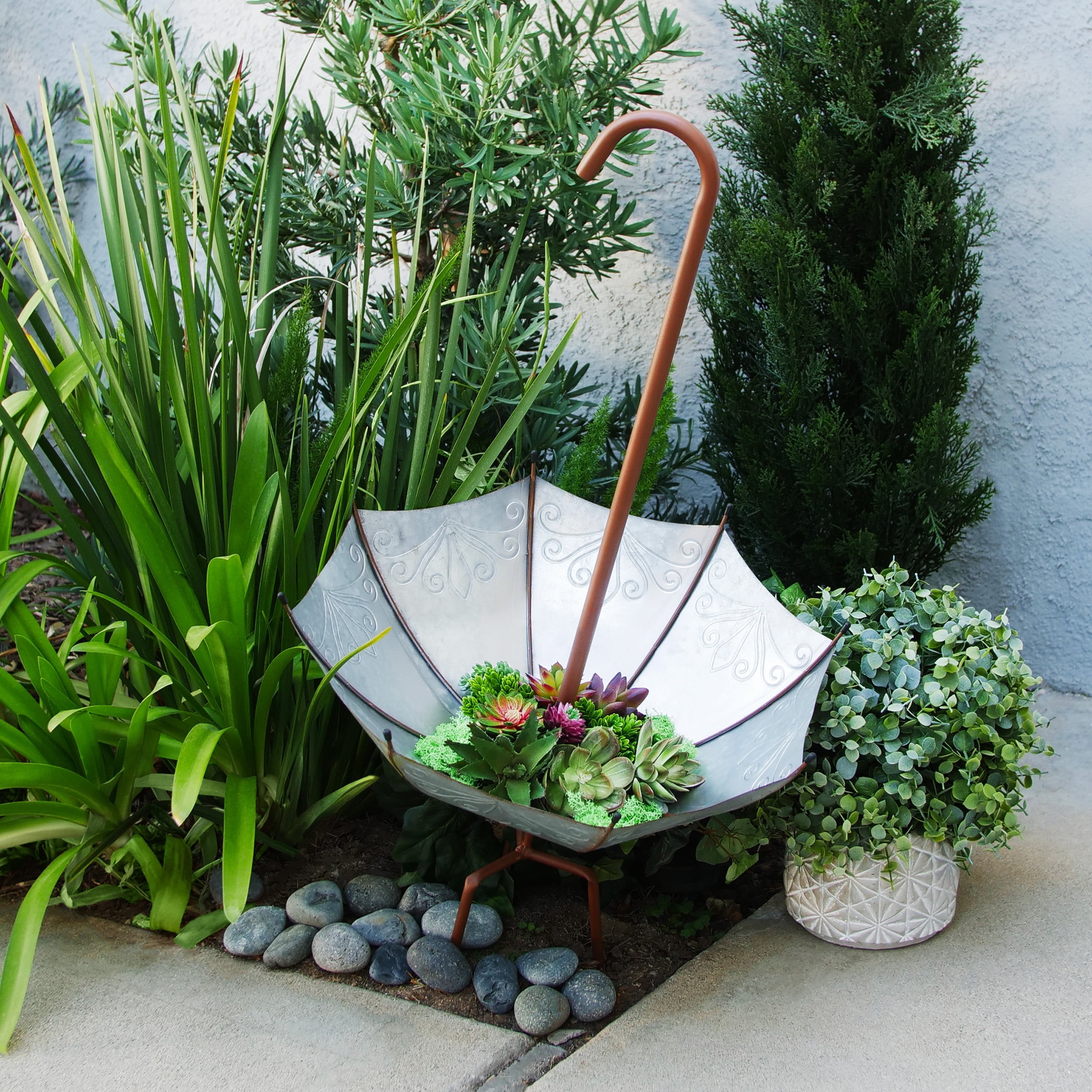 Alpine Gray Iron Upside Down Umbrella Garden Stake Planter
