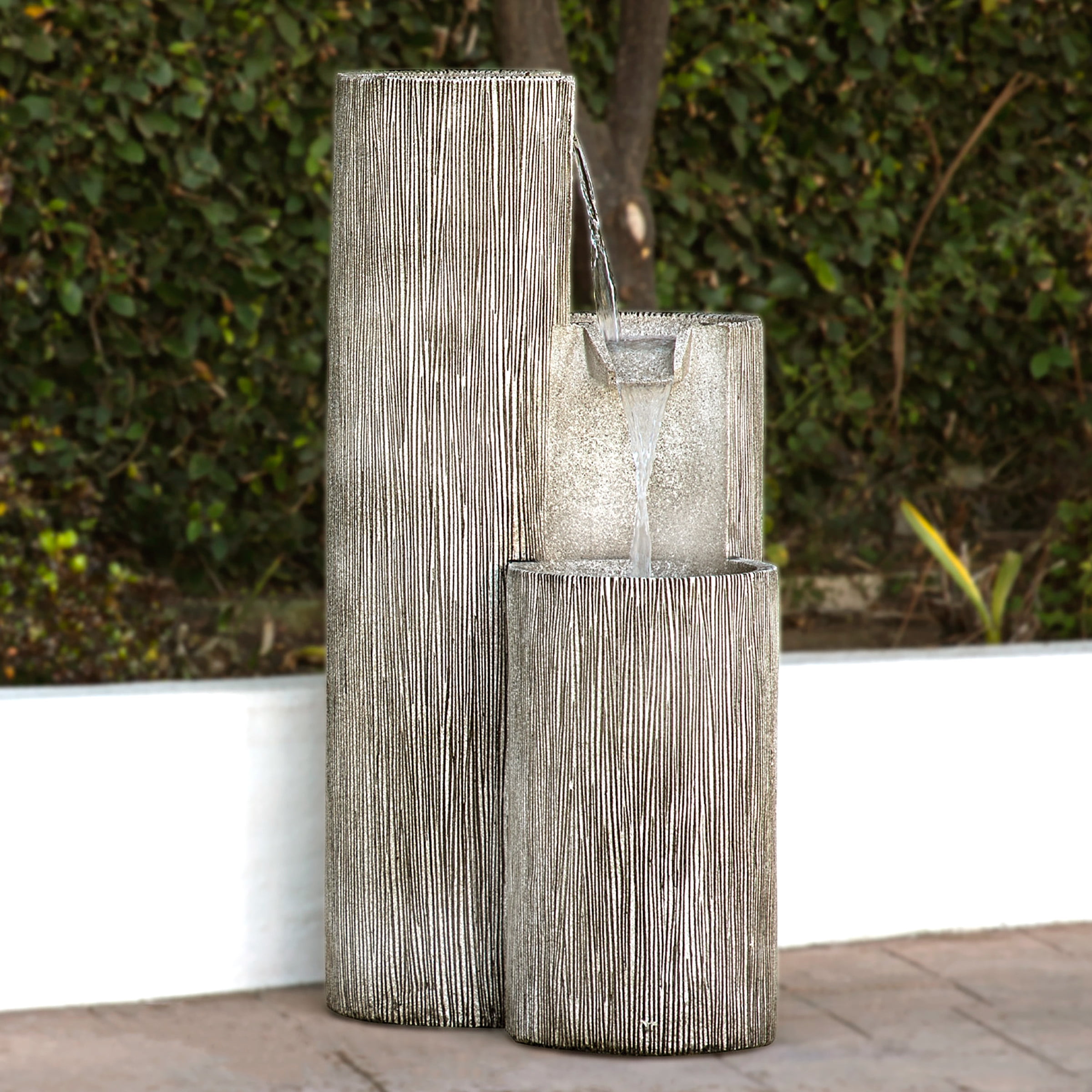 Modern 41" Gray Polyresin Three-Tier Column Fountain with LED Light