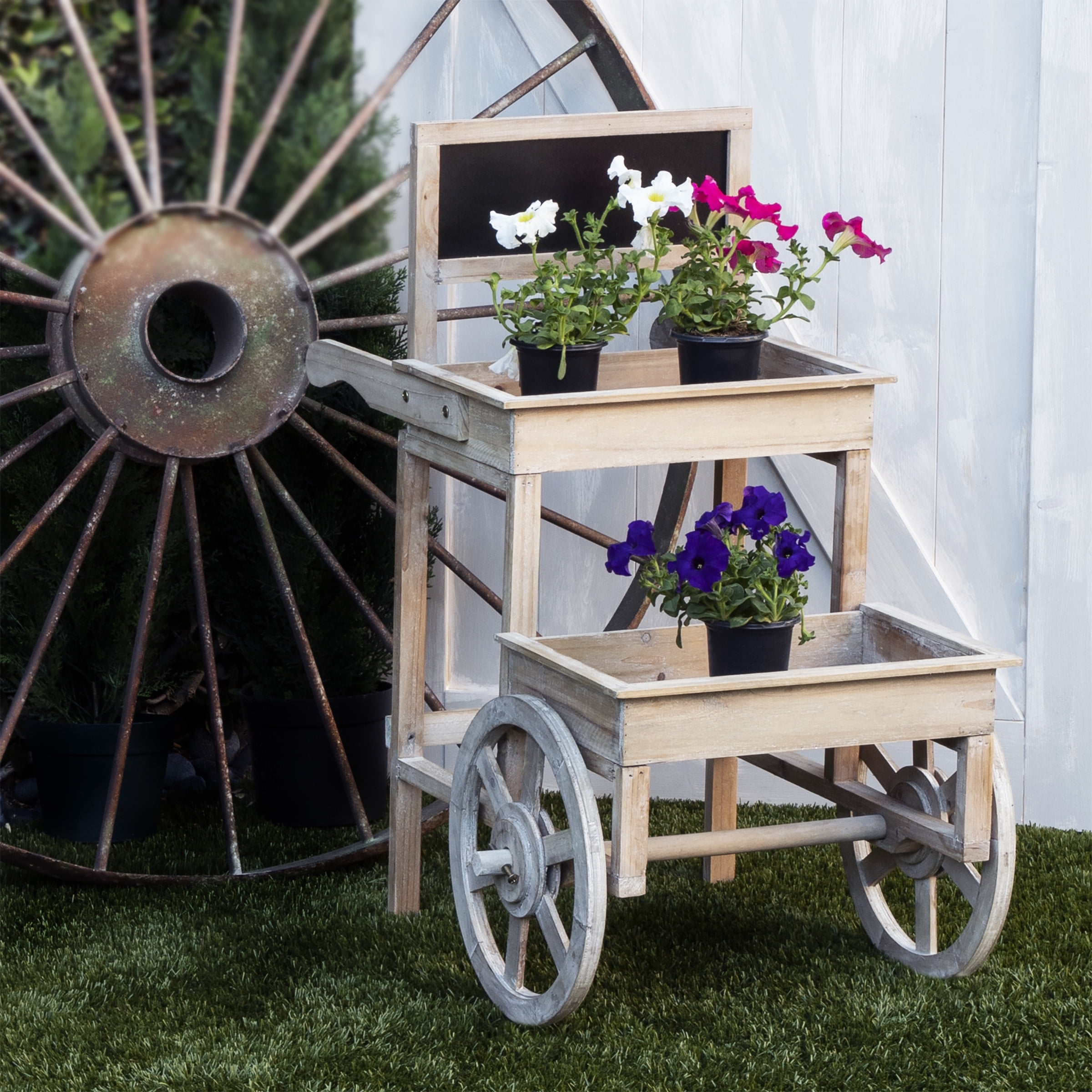 Charming Vintage White Fir Wood Cart Plant Stand with Chalkboard