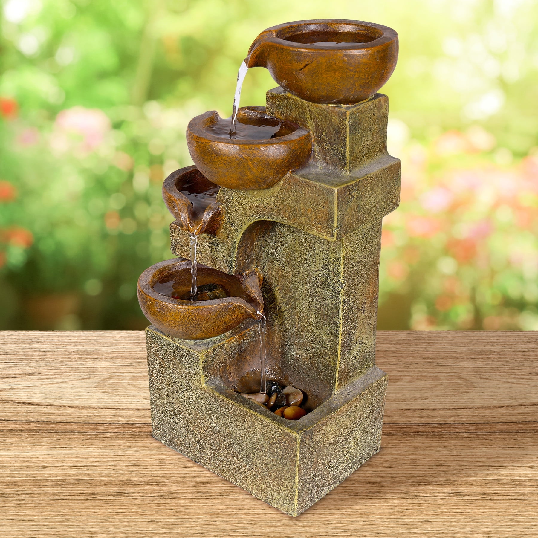 Rustic Beige Fiberglass 17" 4-Tier Tabletop Fountain