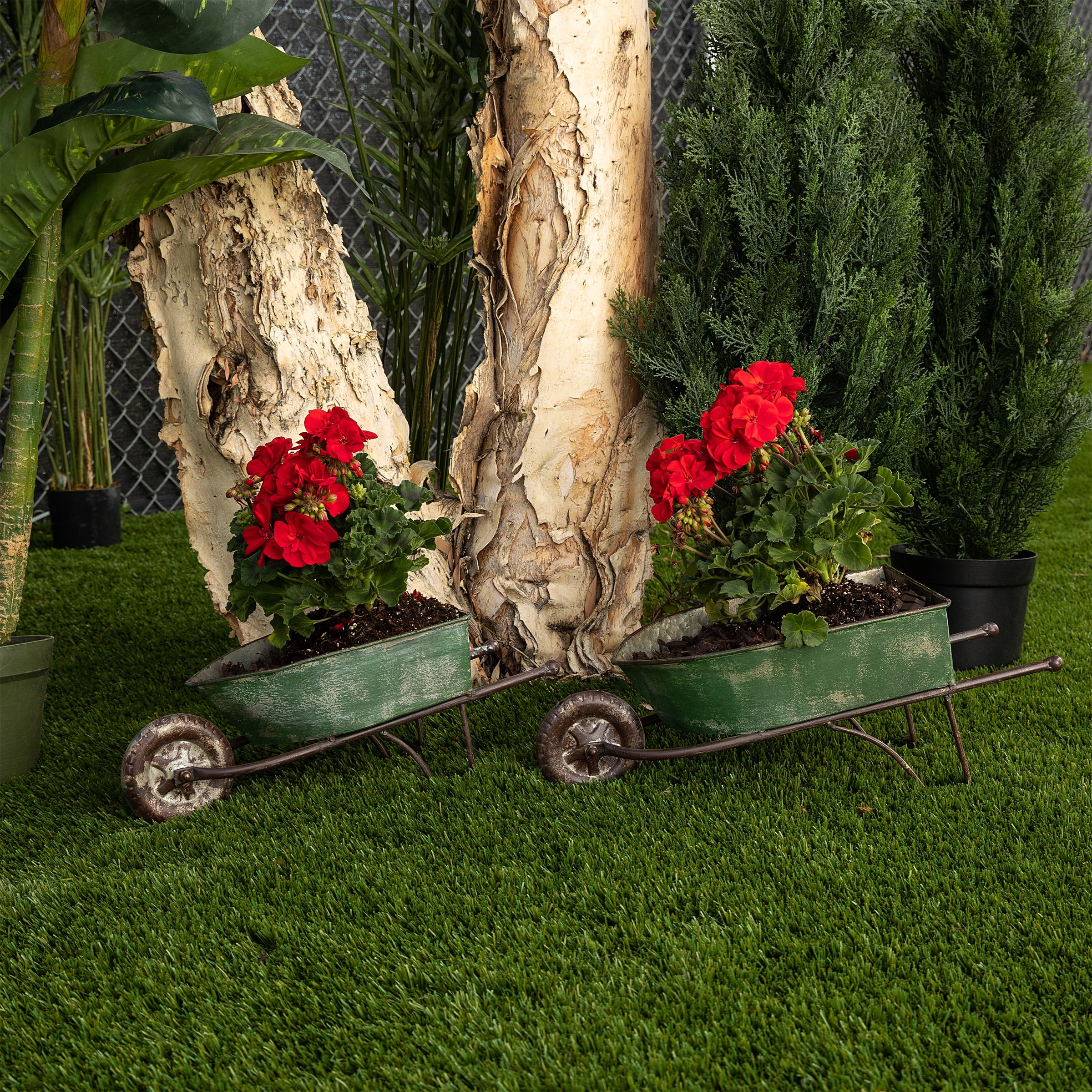 Set of 2 Green Rustic Iron Wheelbarrow Planters