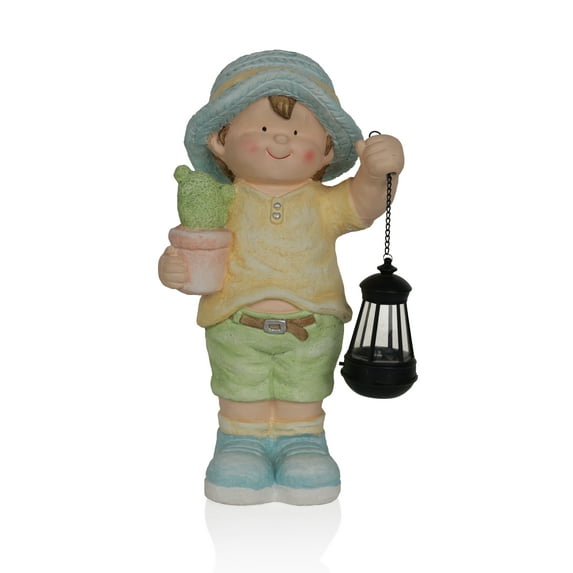 Alpine Corporation Solar Boy Statue Holding Lantern With LED Light