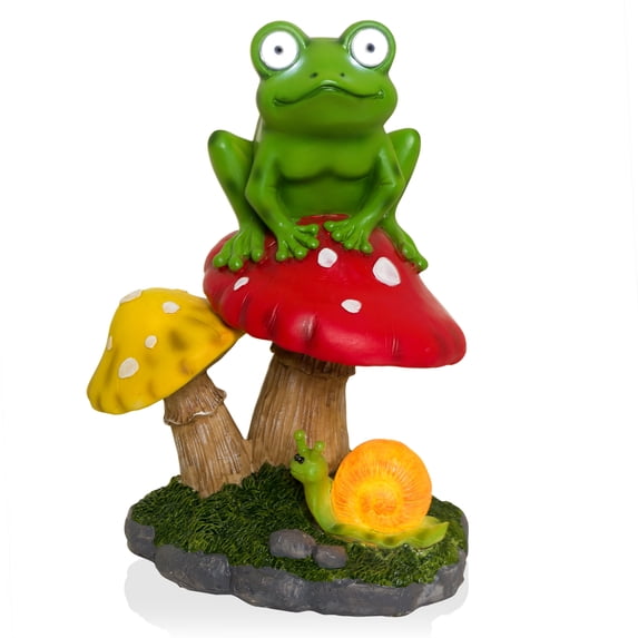Alpine Corporation Solar Frog Sitting on Mushroom Statue with LED Lighted Eyes