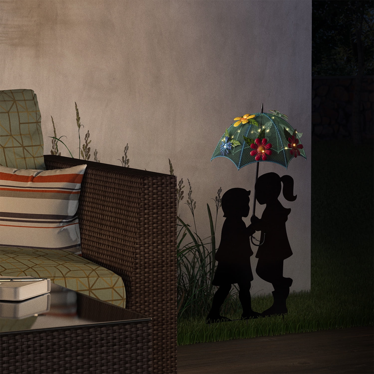 Solar Powered Multicolor Metal Girl and Boy Silhouette Statue