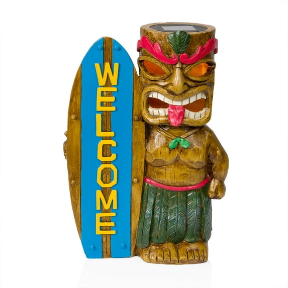 Alpine Corporation Solar Tiki with Welcome Surf Board Statuary and LED Lights