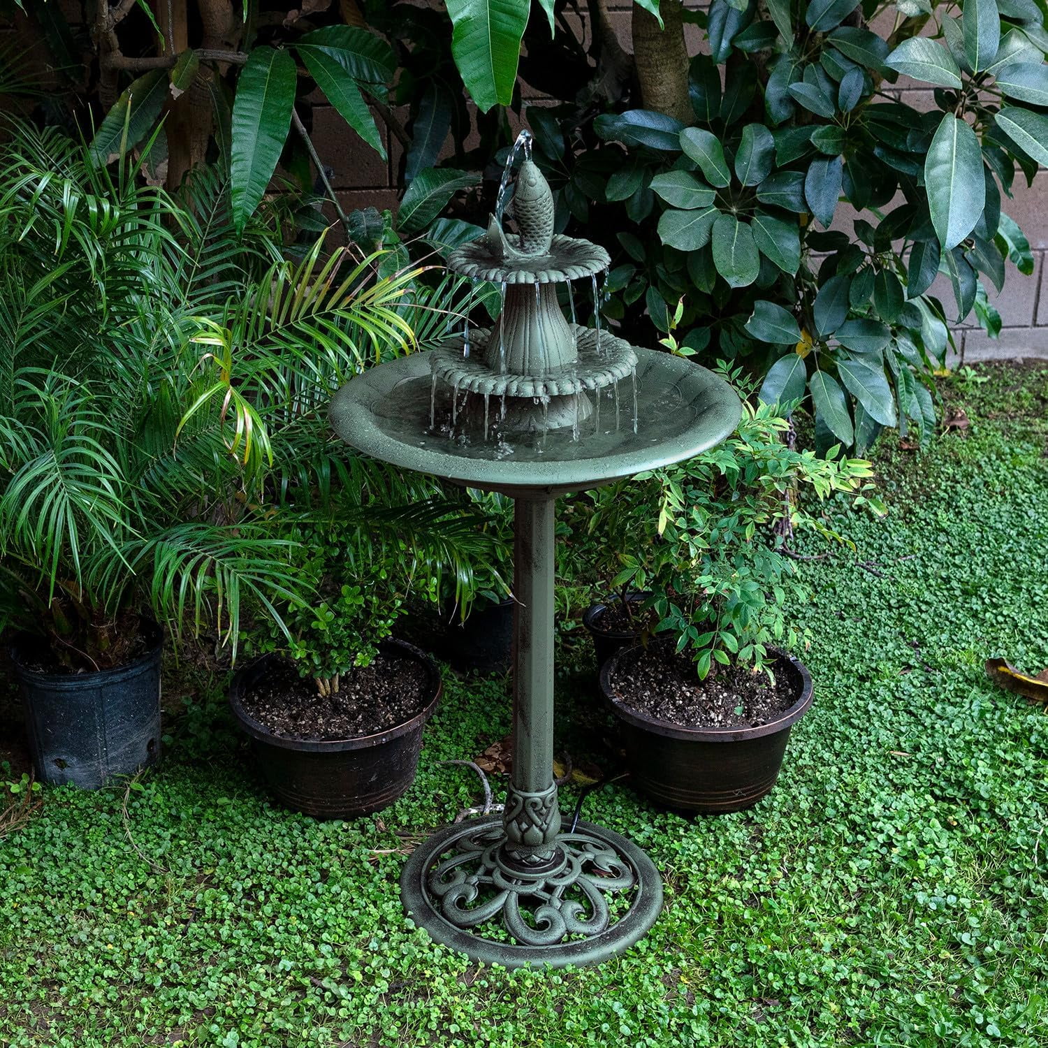Green Plastic 3-Tier Pedestal Fountain Bird Bath