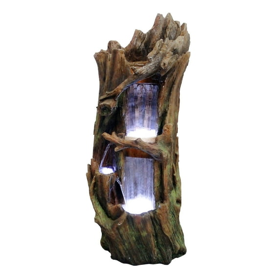 Alpine Corporation Three-Tier Waterfall Tree Trunk Fountain with LED Lights