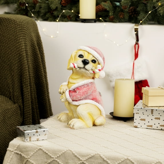 Alpine Corporation WAZ316 11" Tall Christmas Santa Golden Labrador Puppy Statue with Candy Cane – Indoor/Outdoor Holiday Decoration