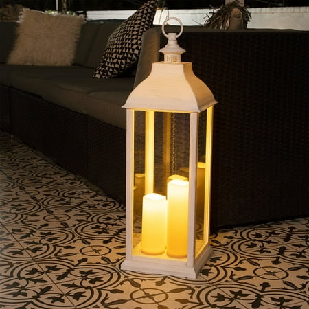 Alpine Corporation White Candlelit Lantern with LED Lights, 23 inch