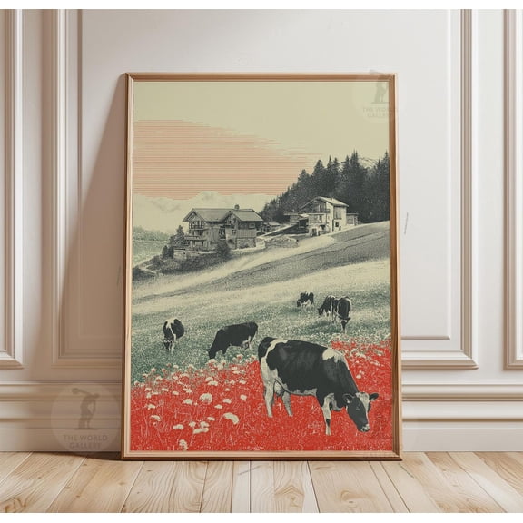 Alpine Cow Pasture Mountain Farm Landscape Illustration, Vintage Countryside Wall Art Print