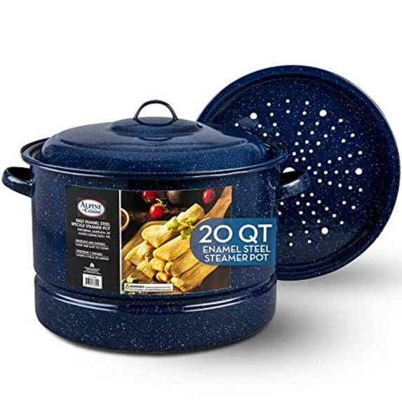 Alpine Cuisine 20 Quart Enamel Steel Dark Blue Speckle Steamer Pot, Nonstick Heavy Duty, Soup Pot Lid for Tamales, Professional Cookware, Dishwasher Safe, Comfortable Handle, Multipurpose 20qt