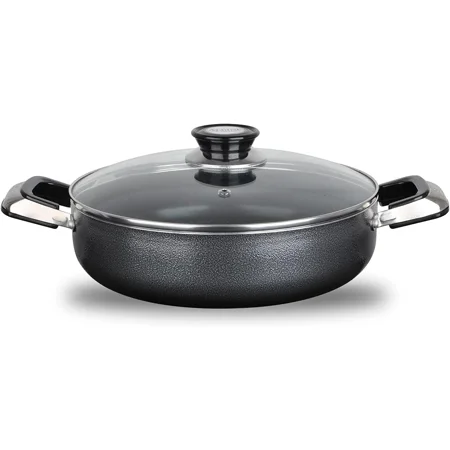 Alpine Cuisine 3 Quart Non-stick Caldero Stock Pot with Tempered Glass Lid and Carrying Handles, Multi-Purpose Cookware Aluminum Dutch Oven for Braising, Boiling, Stewing
