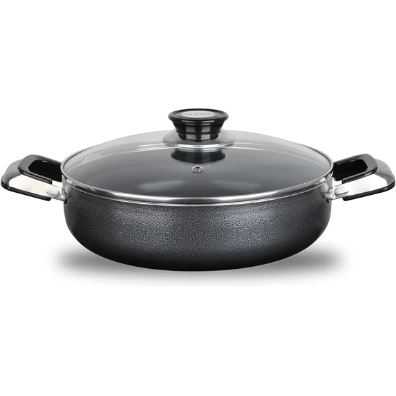 Alpine Cuisine 7 Quart Non-stick Stock Pot with Tempered Glass Lid and Carrying Handles, Multi-Purpose Cookware Aluminum Dutch Oven for Braising, Boiling, Stewing