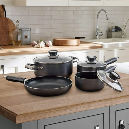 Alpine Cuisine Aluminum Cookware Set 7 Pc Set, Nonstick Coating Saucepan Dutch Oven Wok Pan Fry Pan with Riveted Fixed Handle & Glass Lid, Color Box Packing & Easy to Clean, Multiple Uses (Gray)