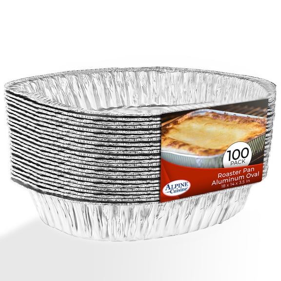 Alpine Cuisine Aluminum Foil Roaster Pan 100 Pieces, 18 x 14 x 3.5 Inch Oval - Roasting Pan Suitable For Turkey, Roast Chicken, Fish, Lasagna, Durable Cooking & Lightweight Disposable Pan