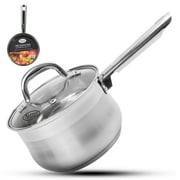 Alpine Cuisine Belly Shape Sauce Pan 2 Quart | Stainless Steel Cookware Saucepan with Glass Lid & Ergonomic Handle | Suitable for Home Kitchen Cooking Milk Soup Pasta, Dishwasher Safe & Rustproof
