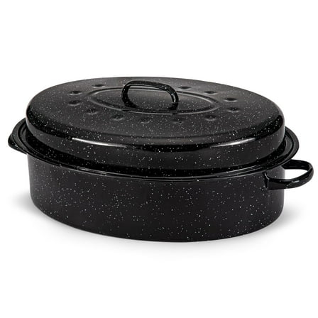Alpine Cuisine Enamel Oval Roaster | Carbon Steel Oval Roasting Pan 18x14-Inch | Non-Stick Marble Coating with Lid | Oven & Dishwasher Safe | Even Heat Distribution | Ideal for Large & Small Servings