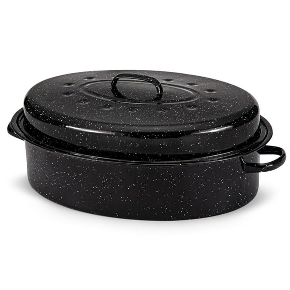 Alpine Cuisine Enamel Oval Roaster | Carbon Steel Oval Roasting Pan 18x14-Inch | Non-Stick Marble Coating with Lid | Oven & Dishwasher Safe | Even Heat Distribution | Ideal for Large & Small Servings
