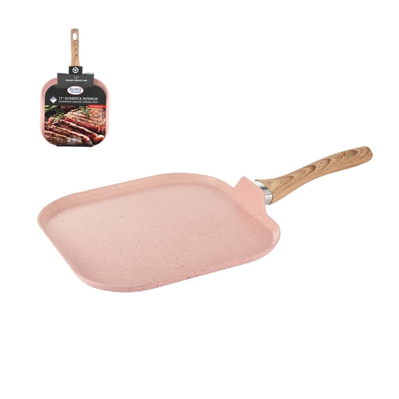 Alpine Cuisine Flat Griddle Pan Aluminum 11 Inch Nonstick with Marble Coating & Wood Like Soft Touch Handle, Heat Resistant & Easy to Clean, Suitable for Egg Omelet & Fish - Rose Gold
