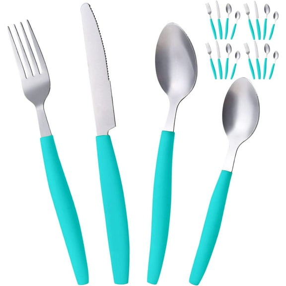 Alpine Cuisine Flatware Set 16 Piece Service for 4, Stainless Steel Flatware Cutlery Set Includes Dinner Knives/Forks/Spoons - Great for Camping or College Dorms - Dishwasher Safe - Aqua