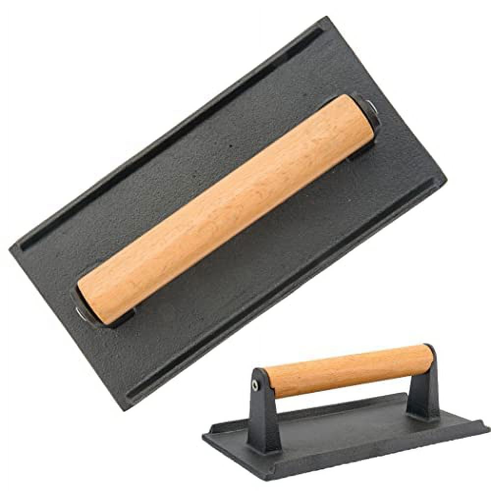 Alpine Cuisine Grill Press Cast Iron 8x4.5in Pre Seasoned with Wood