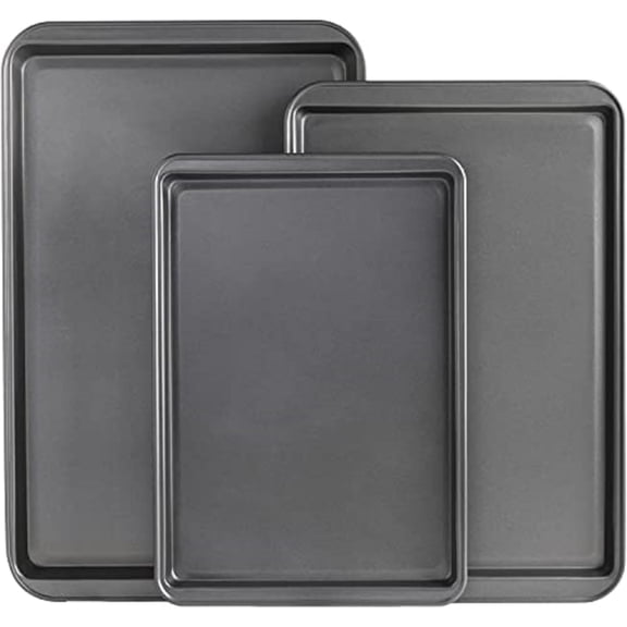 Alpine Cuisine Jelly Roll Cookie Sheet Set 3-piece - Nonstick Carbon Steel Sheet - Grey Easy Release, Durable, Leak-Proof & Heavy Duty Baking Sheets - Easy to Clean Tray, Dishwasher Safe Cooking Sheet