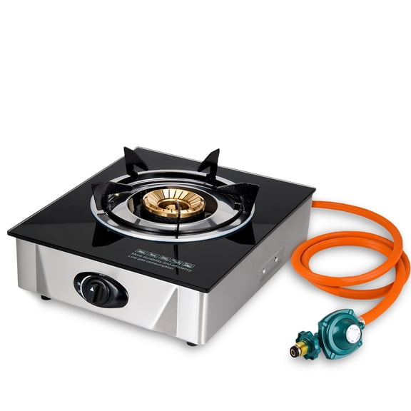 Alpine Cuisine Low-Pressure Gas Single Burner with Hose & Regulator | Kitchen Equipment & Camping Burner | Perfect for Home Cooking & Outdoor Gas Burner | Durable Color Box Packing & Easy To Use