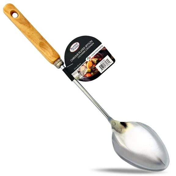 Alpine Cuisine Spoon with Wood Handle 13 Inch - Chrome Rice Paddle Spoon with Long Wooden Handle, Durable Large Serving Spoons - Dishwasher Safe