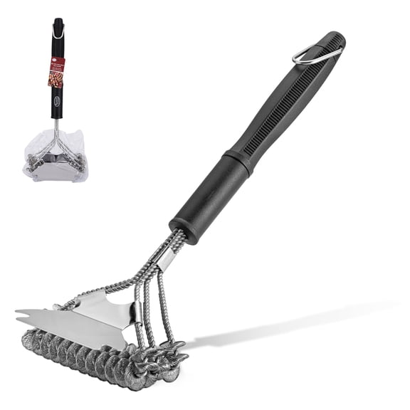 Alpine Cuisine Stainless Steel BBQ Triple Head Brush with Ergonomic Handle, Durable Scraper Barbecue Grill Cleaning Brush, Scrubber Bristle-Free, 3X Cleaning Head & Modern Hang Tag Packing Design