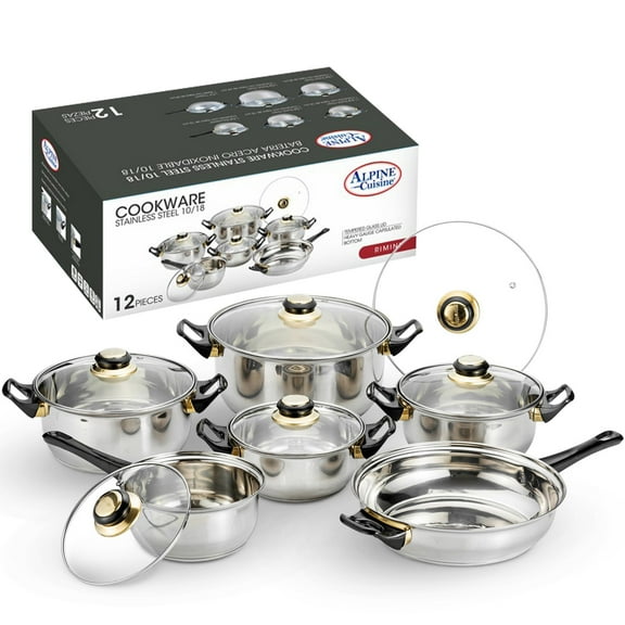 Alpine Cuisine Stainless Steel Cookware Set 12-Pcs with Glass Lid & Comfortable Handle, Included Dutch oven, Sauce Pan, Fry Pan, Cookware Set for Home Kitchen Healthy Cooking, Easy To Use & Clean