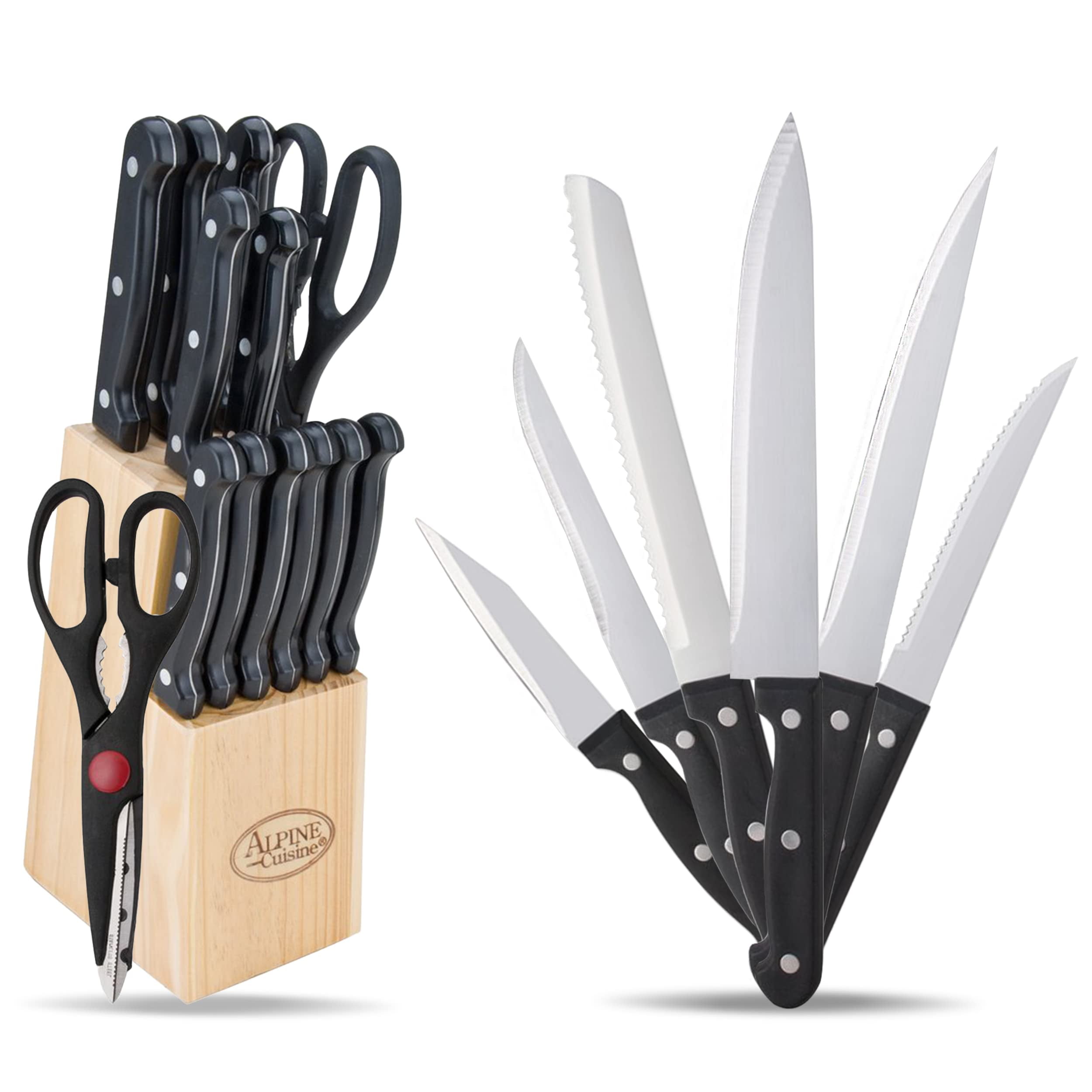 Alpine Cuisine Stainless Steel Cutlery Set 13-Piece, Durable & Rust Resistant, Sharp Blade Cutting Knife Set, Grip Black Handles & Wood Holder, Lightweight & Strong, Multipurpose Use