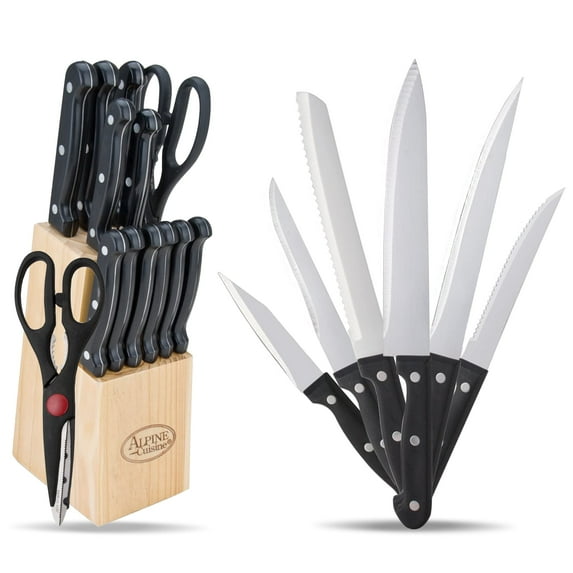 Alpine Cuisine Stainless Steel Cutlery Set 13-Piece, Durable & Rust Resistant, Sharp Blade Cutting Knife Set, Grip Black Handles & Wood Holder, Lightweight & Strong, Multipurpose Use