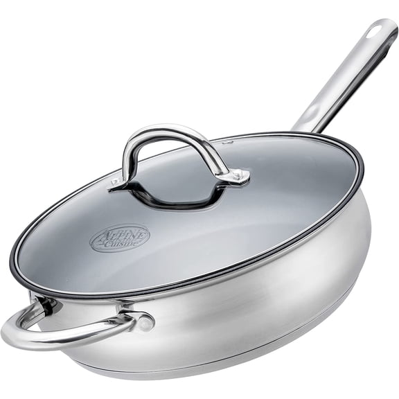 Alpine Cuisine Stainless Steel Saute Pan 10in, Belly Shape with Glass Lid & Ergonomic Handle | Induction Bottom, Heat-Resistant - Multipurpose Use | Durable & Dishwasher Safe | 10in