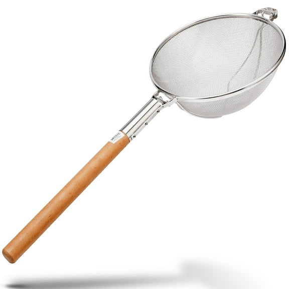 Alpine Cuisine Stainless Steel Strainer 12-Inch with Durable Mesh & Sturdy Wood Handle - Kitchen Gadgets Tools & New Home Kitchen Essentials - Perfect for Sift, Strain, Drain, Oil & Tea