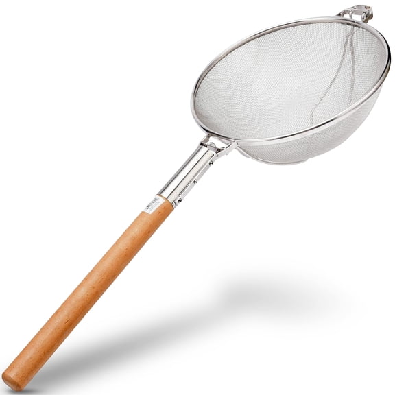 Alpine Cuisine Stainless Steel Strainer 14-Inch with Durable Mesh & Sturdy Wood Handle - Kitchen Gadgets Tools & New Home Kitchen Essentials - Perfect for Sift, Strain, Drain, Oil & Tea