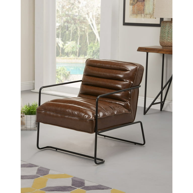 Alpine Furniture Charles Brown Leather Accent Chair w/Metal Frame