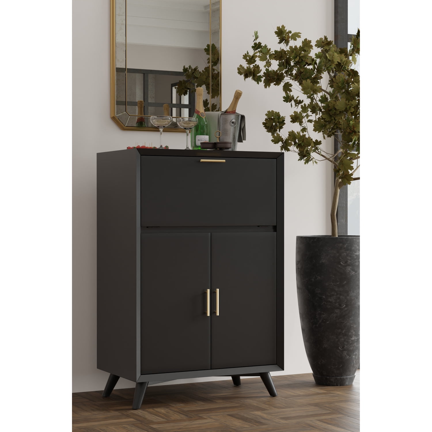 Flynn Black Mahogany Mid-Century Modern Bar Cabinet