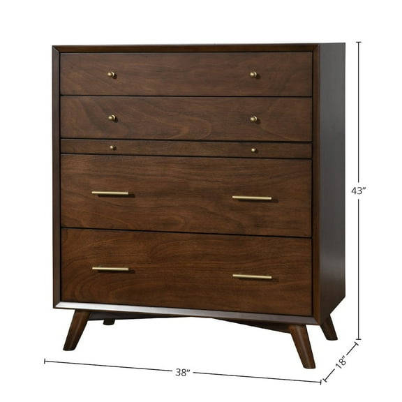 Alpine Furniture Flynn Mid Century Modern 4 Drawer Multifunction Chest w/Pull Out Tray, Walnut