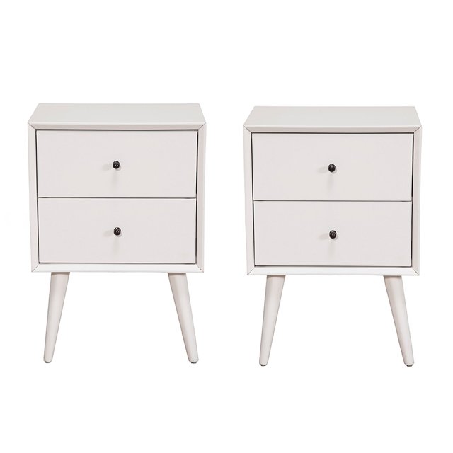 Alpine Furniture Flynn Mid Century Modern Bedside Nightstand, White (2