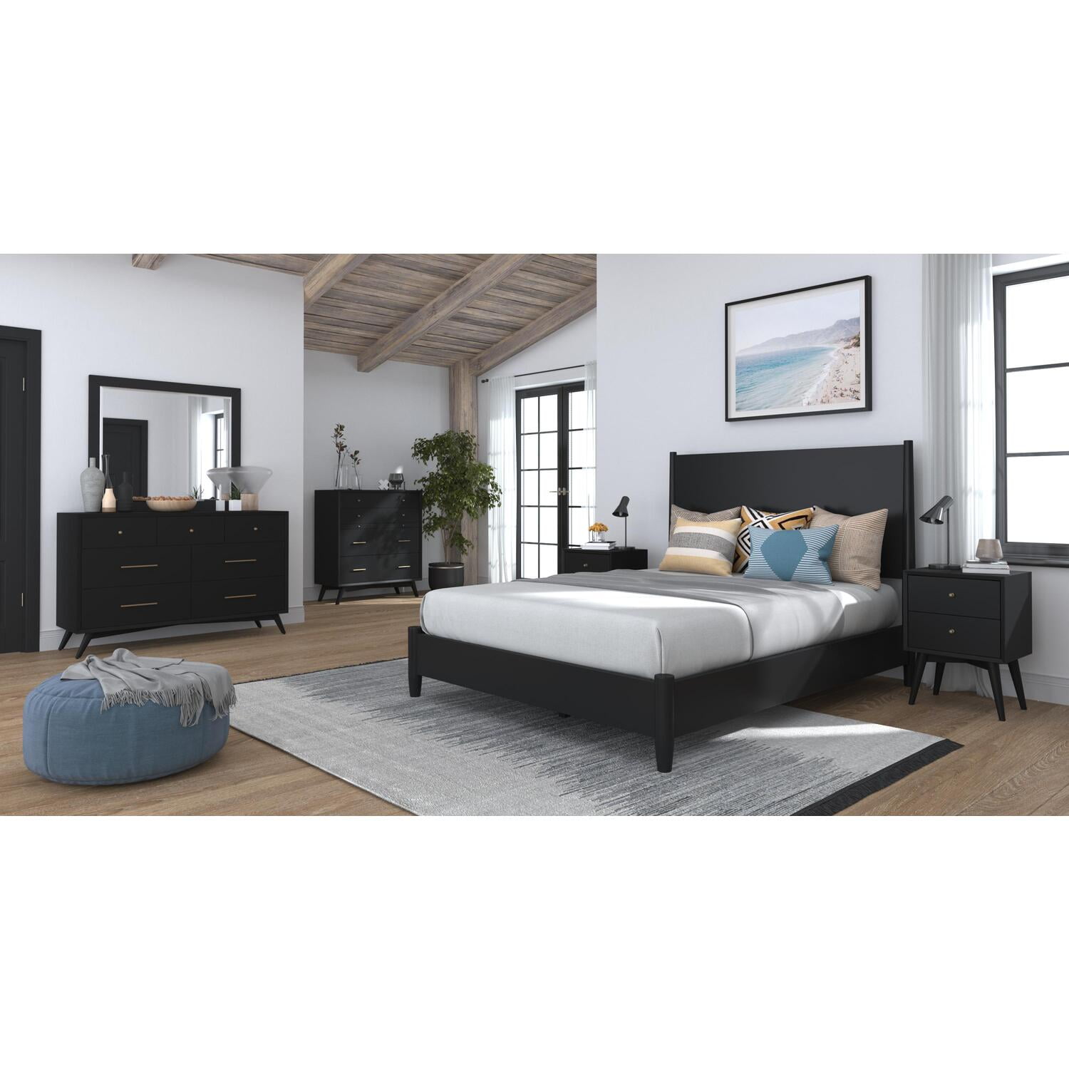 Flynn King Size Black Mahogany Panel Bed with Mid-Century Modern Design