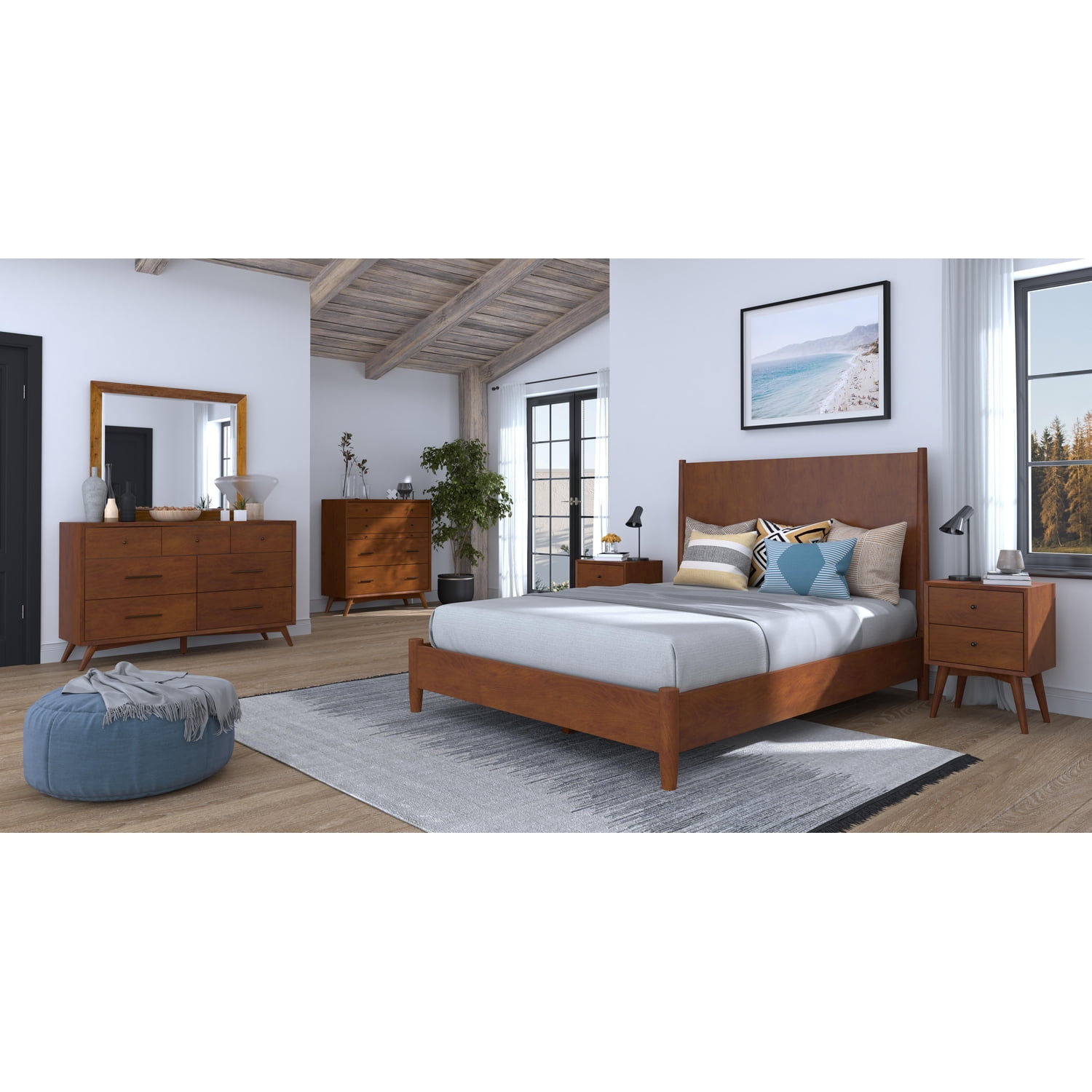 Flynn Mid Century Modern Queen Brown Wood Panel Bed