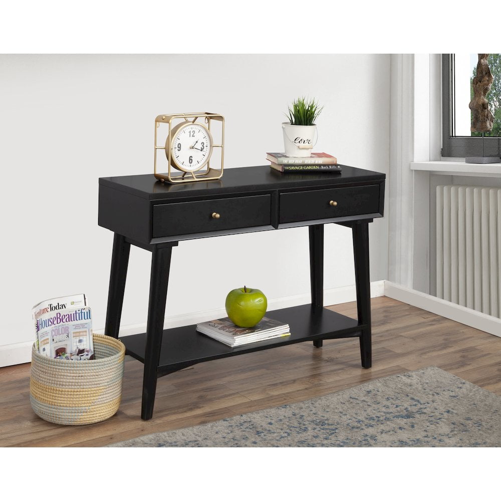 Transitional Mid-Century Black Mahogany Console Table with Storage