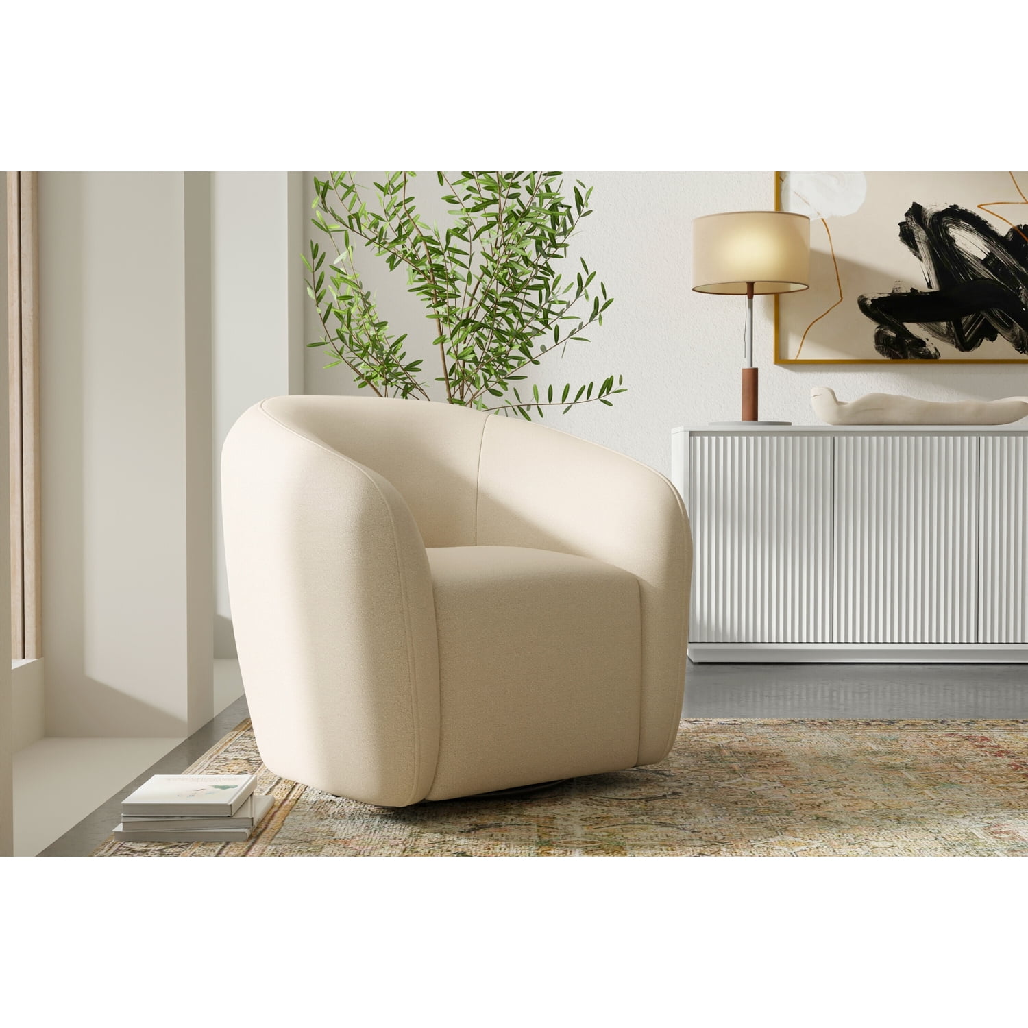 Ivory Cream Upholstered Swivel Armchair with Acacia Frame