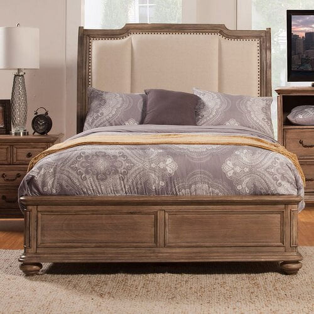 Beige Upholstered Queen Sleigh Bed with Nailhead Trim