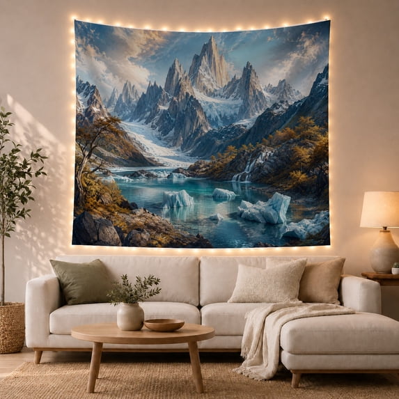 Alpine Glacier Lake with Snow Peaks and Autumn Foliage Serene Illustration for Nature Lovers Mountain Landscape Art Decor Housewarming Gift Tapestry Wall Hanging for Living Room and Bedroom