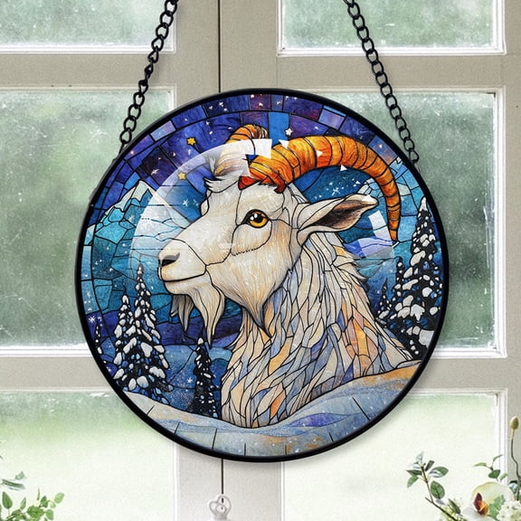 Alpine Goat Ornament Christmas 2025, Alpine Goat Stained Glass Hanging Window Art Vintage-Inspired Glass Panel for Elegant Home Decor