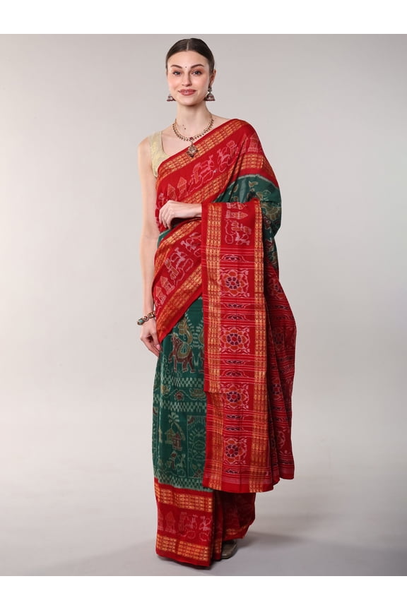 Alpine-Green Pure Cotton Ikat Handloom Saree from Sambhalpur with Fish Woven Wide Border