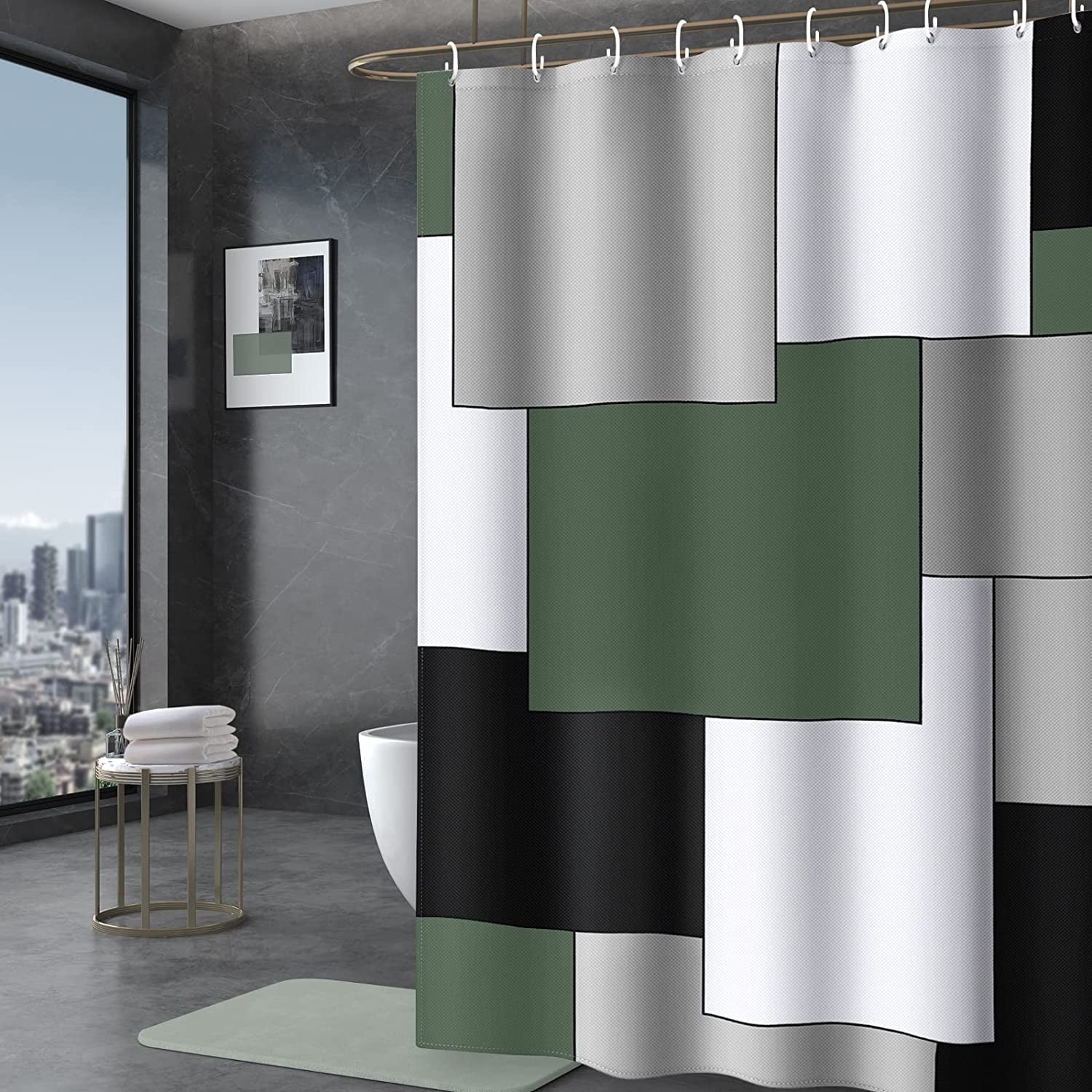 Alpine Green Shower Curtain Modern Bathroom Accessories Decor Black Gray White Shower Curtain Set with 12 Hooks 72x72 Inches Sage